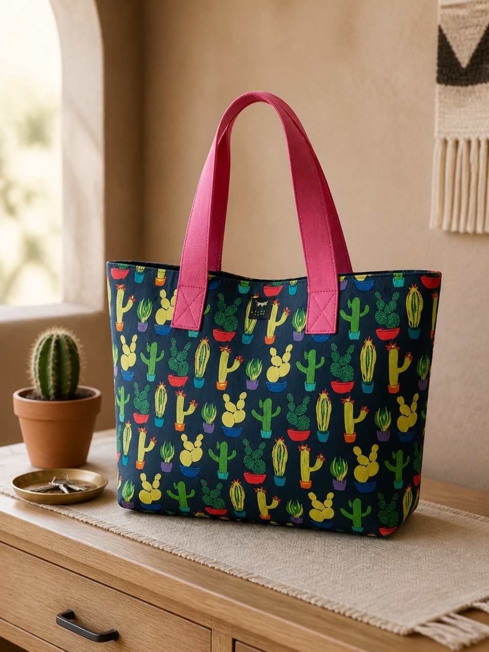 Dabney Lee Pink-Handle Cactus Print Large Tote Bag